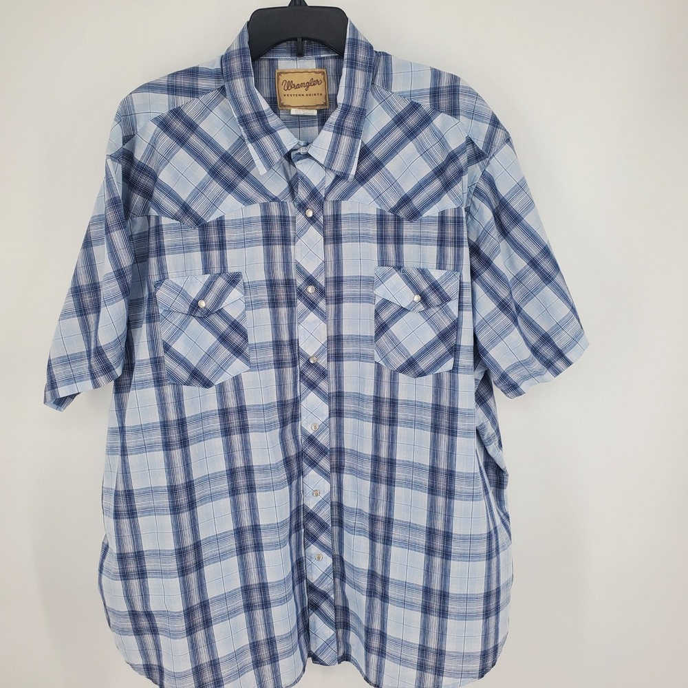 Wrangler Western Shirt Mens 3XL Blue Plaid Short Sleeve Snap Front Big Tall
